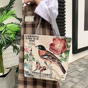 Bolso de compras tipo tote de lona con cremallera estilo étnico para mujer, características regionales, gran capacidad, sencillo para el día a día - Product Image 5