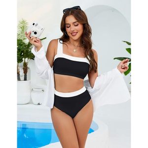 Conjunto de bikini de cintura alta para mujer, con bloques de color, cuello cuadrado, control de abdomen, traje de baño deportivo de 2 piezas para curvas - Product Image 5