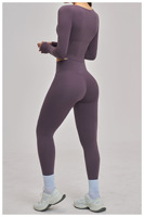 Set Atasan Yoga Kerah V Berkerut & Legging Wanita, Pakaian Olahraga Lengan Panjang Serbaguna untuk Fitness