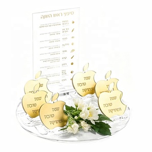 Ensemble d'anneaux de serviette en acrylique doré effet miroir avec plateau à cartes transparent en acrylique pour <span class=keywords><strong>Shana</strong></span> Tova et Rosh Hashanah Simanim - Product Image 2