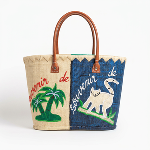 Handmade Raffia Tote <b>Bag</b> Tropical Palm <b>Tree</b> And maki Embroidery Design Woven Basket Style Beach basket - Product Image 1