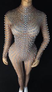 Combinaison femme Mono Mujer noire nude perlée, combinaison de <span class=keywords><strong>danseuse</strong></span>, body une pièce, tenue de soirée, club de nuit, justaucorps, combinaison à strass pour femmes - Product Image 5