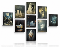 Set Seni Dinding Sembilan Panel Dark Ghost, Kanvas Halloween Seram Hutan Bercahaya Bulan, Cetakan Vintage untuk Kamar Mandi, Dekorasi Rumah