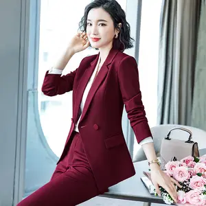 OEM Drop Ship 2 Piece Set Simple Formal Burgundy Business Suit Blazer with Pockets Office Ladies Designs Office Wear