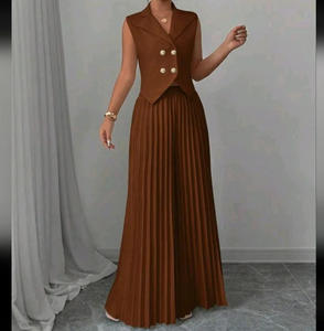 Conjuntos de Ropa Moderna para Mujer, Trajes de Oficina, Chaleco con Cuello en V y Solapa, Pantalones Anchos Plisados, Conjunto de Dos Piezas - Product Image 1