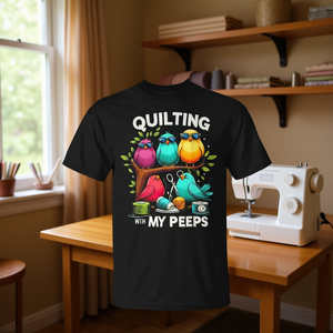 Camiseta Quilting With My Peeps Bird para adultos, unisex, de algodón negro - Product Image 3