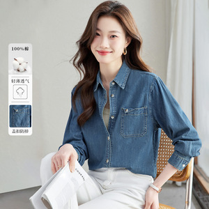 棉质复古高档宽松绑带连衣裙休闲牛仔衬衫2026春季新款牛仔布 - Product Image 1