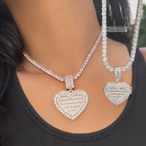 New Heart Shaped Pendant Necklace Silver Color Iced Out 5mm Tennis Chain Cubic Zirconia Heart Choker Fashion Women Men Jewelry