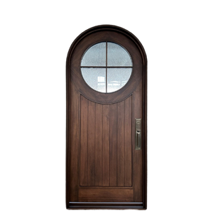 Porte d'entrée traditionnelle en bois Qifan avec panneau en verre cintré et lames verticales, design à battants - Product Image 1