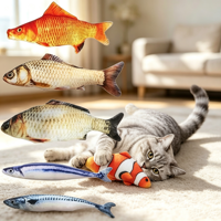Jouet à mâcher en coton PP en forme de chat de dessin animé, oreiller en peluche poisson, faible MOQ, jouet doux en peluche pour chat, soulage l'ennui, divertissement pour animaux de compagnie, vente en gros
