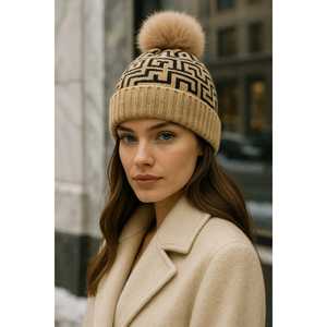 Gorro de lana beige estampado para mujer con pompón BERE1144 - Product Image 6
