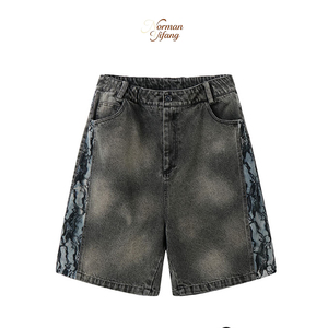 Pantalones Cortos Vaqueros Personalizados para Hombre de una <span class=keywords><strong>Empresa</strong></span> de Ropa, Pantalones Cargo Vaqueros Deslavados, Pantalones de Estilo Urbano con Estampado de Pitón Desgastado - Product Image 1