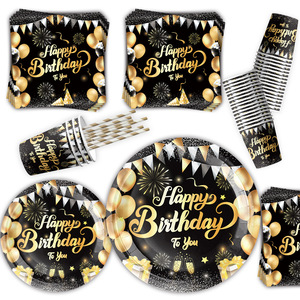 Assiettes et gobelets en papier colorés jetables pour fête d'<span class=keywords><strong>anniversaire</strong></span> noir et or, décorations de table de dessert - Product Image 3