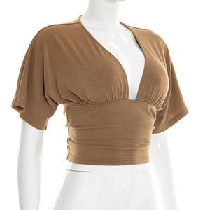 Viviblook Y26TP062 New Women Summer T-<b>shirt</b> Deep V-Neck High Waisted <b>Patchwork</b> Drop Shoulder Short Sleeved Top for Ladies - Product Image 6