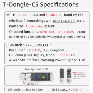 Carte de développement <span class=keywords><strong>LILYGO</strong></span> T-Dongle-C5 ESP32-C5, Wi-Fi double bande, écran LCD IPS de 0,96 pouce, dongle USB, 16 Mo de mémoire flash, 8 Mo de PSRAM, prise en charge de la carte TF - Product Image 5