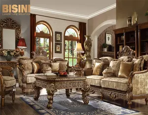 Khắc Gỗ Châu Âu Vàng Phòng Khách Sofa 1 + 2 + 3 Phòng Khách Bộ Sofa Bộ Với Bàn Cà Phê