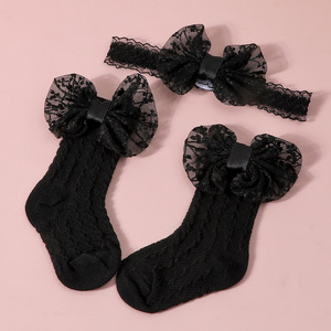 Chaussettes en tricot jacquard ajouré pour bébé, couleur unie, avec grand nœud long + bandeau, collection Printemps-Été, 0-3 ans - Product Image 6