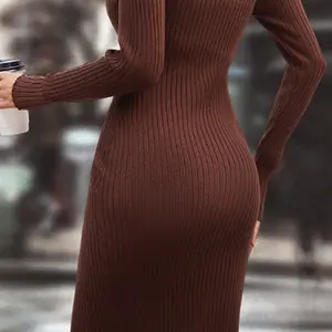 Fabricante de prendas de punto personalizado con cuello en V de manga larga elegantes vestidos casuales mujeres Sexy suéter vestido de punto
