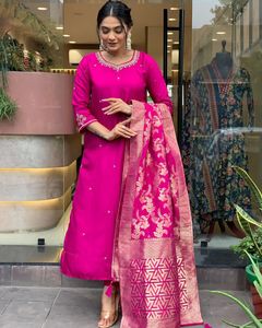 Elegant Magenta Silk <strong>Kurta</strong> <strong>Set</strong> with Intricate Embroidery and Banarasi <strong>Dupatta</strong> for Women and Girls Anarkali <strong>Suit</strong> - Product Image 1