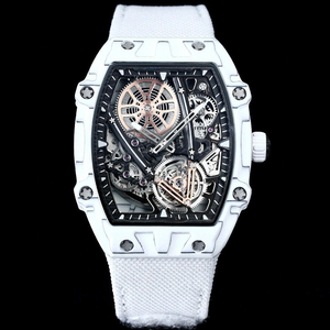 High End Mens Automatic <b>Watch</b> White Carbon Tonneau Case with Rose Gold Skeleton Movement - Product Image 2
