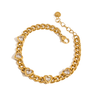 VEROMCA Bracelet de tennis tendance en forme de cœur et de zircon avec plaque en or 18 carats Bracelet à la mode en acier inoxydable semi-verrouillable à maillons de chaîne