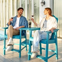 Chaise double haute de bar d'extérieur avec porte-gobelet, plateau amovible et table à 2 niveaux en bois HIPS cyan pour terrasse au bord de la piscine