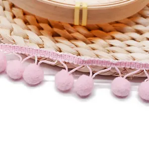 Wholesale pink soft polyester ball fringe, baby pom pom tassel lace trim for clothing craft