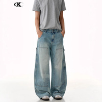YOFA Jeans Baggy à Jambes Larges en Coton Épais Multi-Poches pour Hommes, Denim Désstructuré, Logo, Vente en Gros Usine