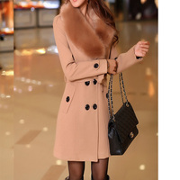 Manteau Long d'Hiver pour Femme en Laine Artificielle, Double Boutonnage et Grand Col Fourrure