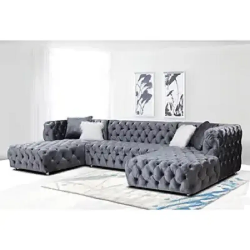 Popular Button Sofas Living-room furniture Tufted Velvet Buttons Sectional U Shaped Sofa With Chaise Set