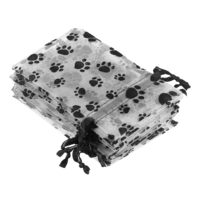 Sacs cadeaux en organza floqué Yolan 10x15cm avec cordon de serrage et ruban noir, motif patte d'animal, pour bijoux et faveurs de fête, en stock, prêts à être expédiés
