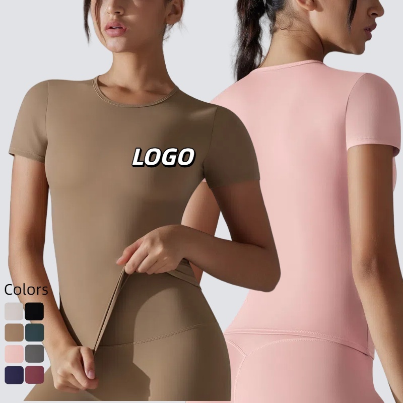 Custom Logo Women High Stretch Short Sleeve Compression Comfortable Lightweight Yoga Round Neck T-Shirt Fitness Tight Tops
