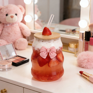 Popular 12oz <strong>Glass</strong> Tumbler Tea Cold Coffee Juice <strong>Cup</strong> with <strong>Glass</strong> Straw and Wood Lid - Product Image 3