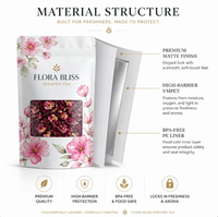 Sachet d'emballage de thé parfumé imprimé sur mesure, pochette verticale FLORA BLISS en Mylar avec fenêtre et fermeture éclair pour thé aux herbes et aux fruits