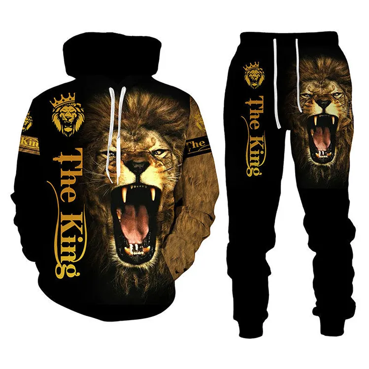OEM ODM Anime Clothing 3D printed Lion Custom Hoodie Made Sublimation Track Suit Sweat Suits 3d Print Two Piece Pant Set For Men