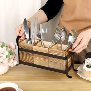 Organisateur de couverts en bois et fer, support de rangement rectangulaire pour comptoir de cuisine, pour couteaux, fourchettes, cuillères, type polyvalent sur pied - Product Image 2