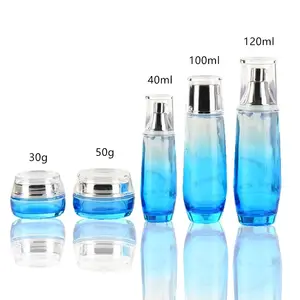 有竞争力的价格韩国蓝色玻璃瓶化妆品 40 毫升乳液/碳粉/奶油/血清玻璃套装