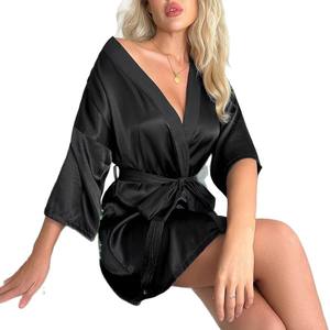 Bata <span class=keywords><strong>de</strong></span> dormir y <span class=keywords><strong>de</strong></span> aseos para mujer, estilo europeo-americano, <span class=keywords><strong>de</strong></span> verano, corta, tipo cárdigan, con cordón, <span class=keywords><strong>de</strong></span> poliéster liso - Product Image 5