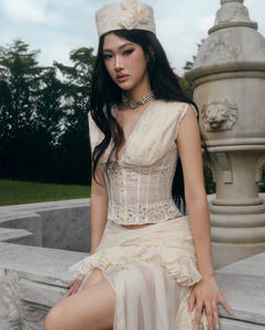 Luxury French Vintage Lace Halter Cape Sleeve <b>Crop</b> <b>Top</b> <b>and</b> High Slit Sheer Ruffle <b>Maxi</b> <b>Skirt</b> Set Autumn 2025 - Product Image 4