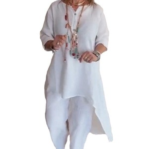 Summer New Solid Color Casual Long Sleeve Cotton <b>Linen</b> Long Tops Long Pants Women's 2 Piece <b>Set</b> Fashion - Product Image 1