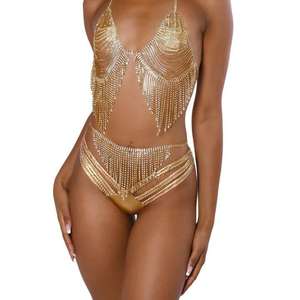 Conjunto de Dos Piezas de Ropa de Fiesta para Mujer 2023, Top Corto Sexy con Pedrería, Cuello Halter, Sin Mangas, Falda Mini con Cadena - Product Image 2