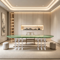 Table à thé ovale en résine texturée vert jade, avec barre transversale en bronze, design moderne, écologique, durable, pour usage commercial et résidentiel