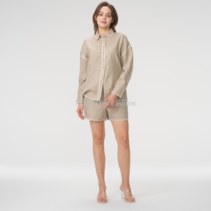 Conjunto de Lino Personalizado OEM para Mujer, Pantalones Rectos de Negocios, Top Corto de Lino con Cuello Cuadrado, Conjunto de Dos Piezas - Product Image 1