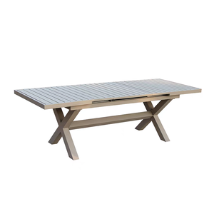 Table de salle à manger rectangulaire extensible beige à lattes pour extérieur, avec pieds en X, idéale pour jardin et café - Product Image 1