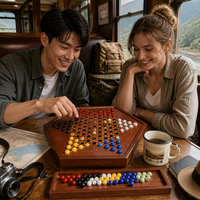 Jeu d'échecs chinois de luxe en bois avec billes de verre, base à tiroir intégré, 6 couleurs vives pour les soirées de jeu en famille