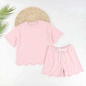 Puresun Solid 100% biologisch katoen kinderkleding groothandel set met gegolfde zoom, custom baggy casual zomer meisjes shorts sets - Product Image 3