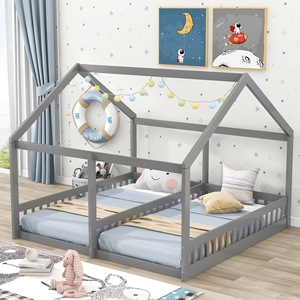 เตียงสองชั้นไม้รูปทรงบ้านสีเทาสำหรับเด็ก เฟอร์นิเจอร์ห้องนอน โครงสร้างถอดประกอบได้ - Product Image 4