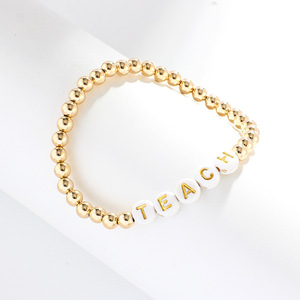 Messing Kupfer Perlen 18 Karat vergoldet elastisch dehnbar Design Acryl Brief Perlen Charms geflochtenen Armband Schmuck Frauen - Product Image 3