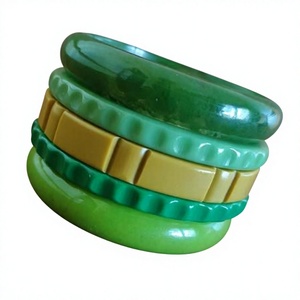 Classic Round Carved Resin <b>Bangle</b> Set in Stylish Bracelet Purple Green Cream Floral Pattern Artistic Design Craft Party Woman - Product Image 5