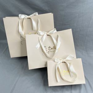 Custom Nude Peach Paper Gift Bags Gold Foil Hot Stamping Logo With Satin <b>Ribbon</b> Bow Handle Clothing <b>Wedding</b> Packaging - Product Image 3